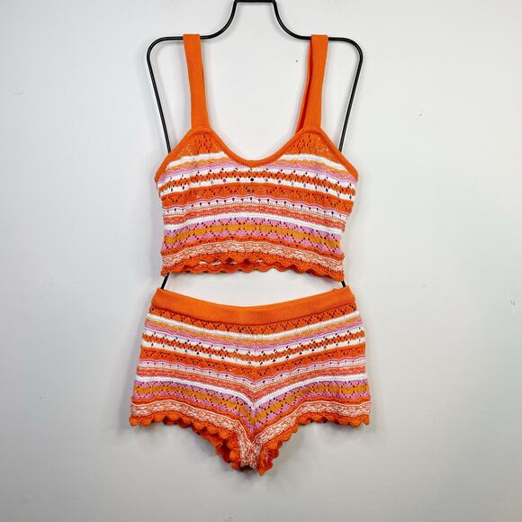 Divided H&M Crochet Tank Top Shorts Outfit Set Striped Orange Womens S new - Picture 2 of 10